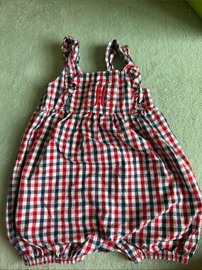 Red Navy Plaid Baby Bubble Romper with Monogram
